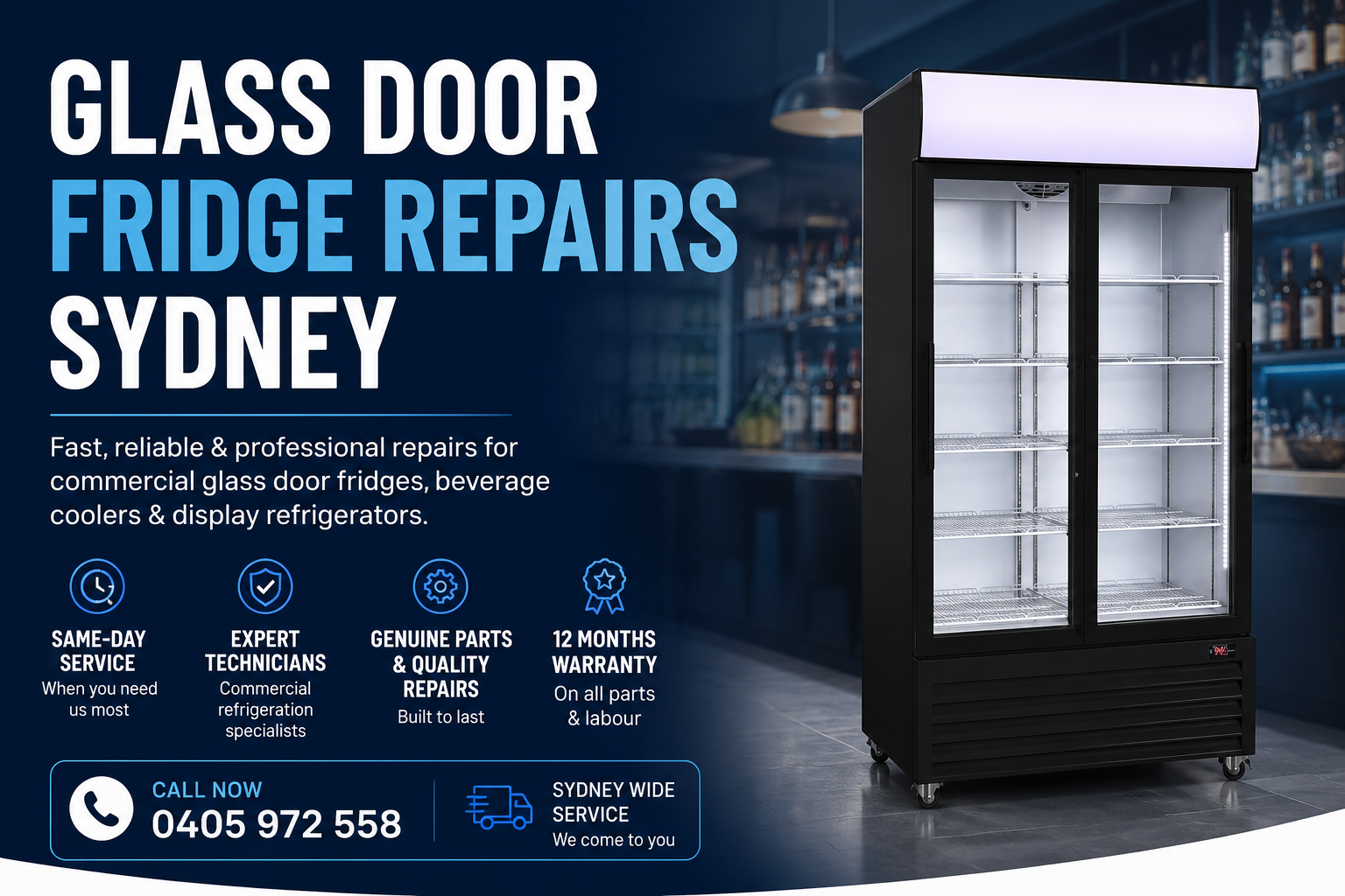 Commercial responsive glass door fridge mechanics repairing system on site in Sydney