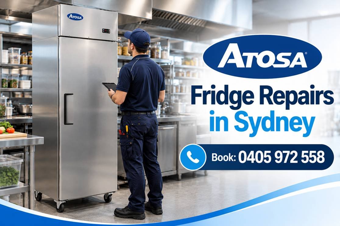 Atosa commercial refrigeration technician servicing a prep fridge in Sydney